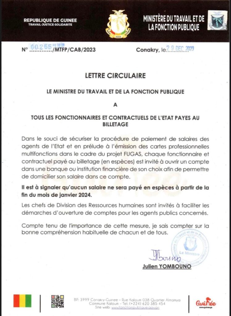 Lettre Circulaire de la Fonction Publique à tous les Fonctionnaires et Contractuels de l'Etat